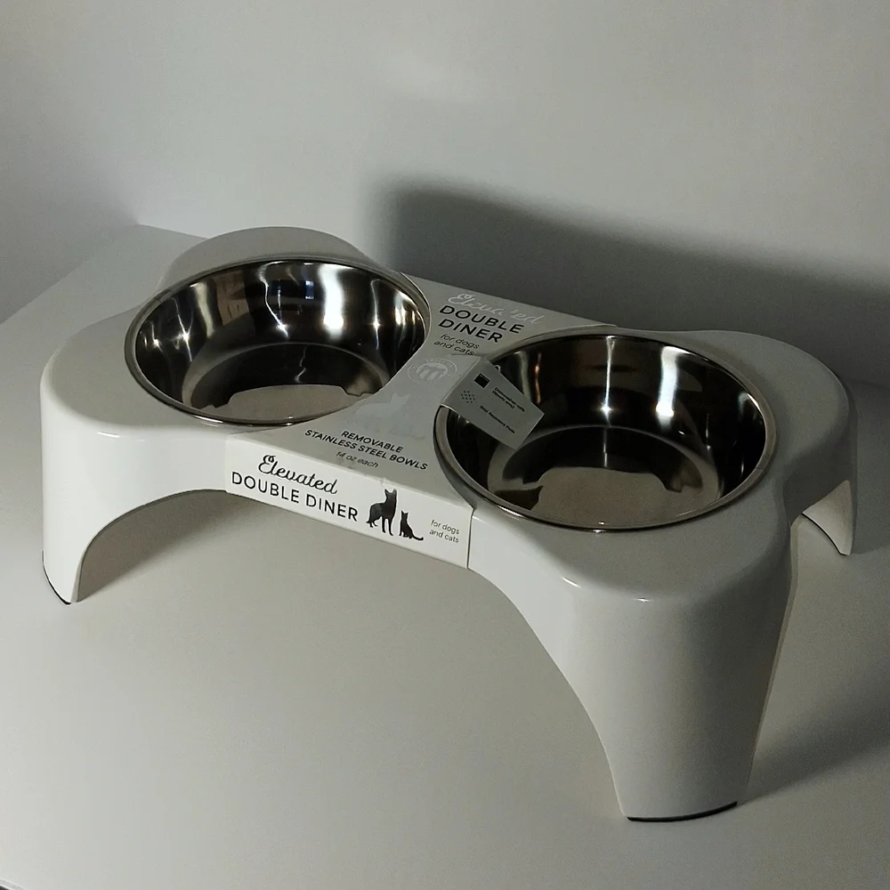Elevated Double Diner Pet Bowl - White with Stainless Steel Bowls